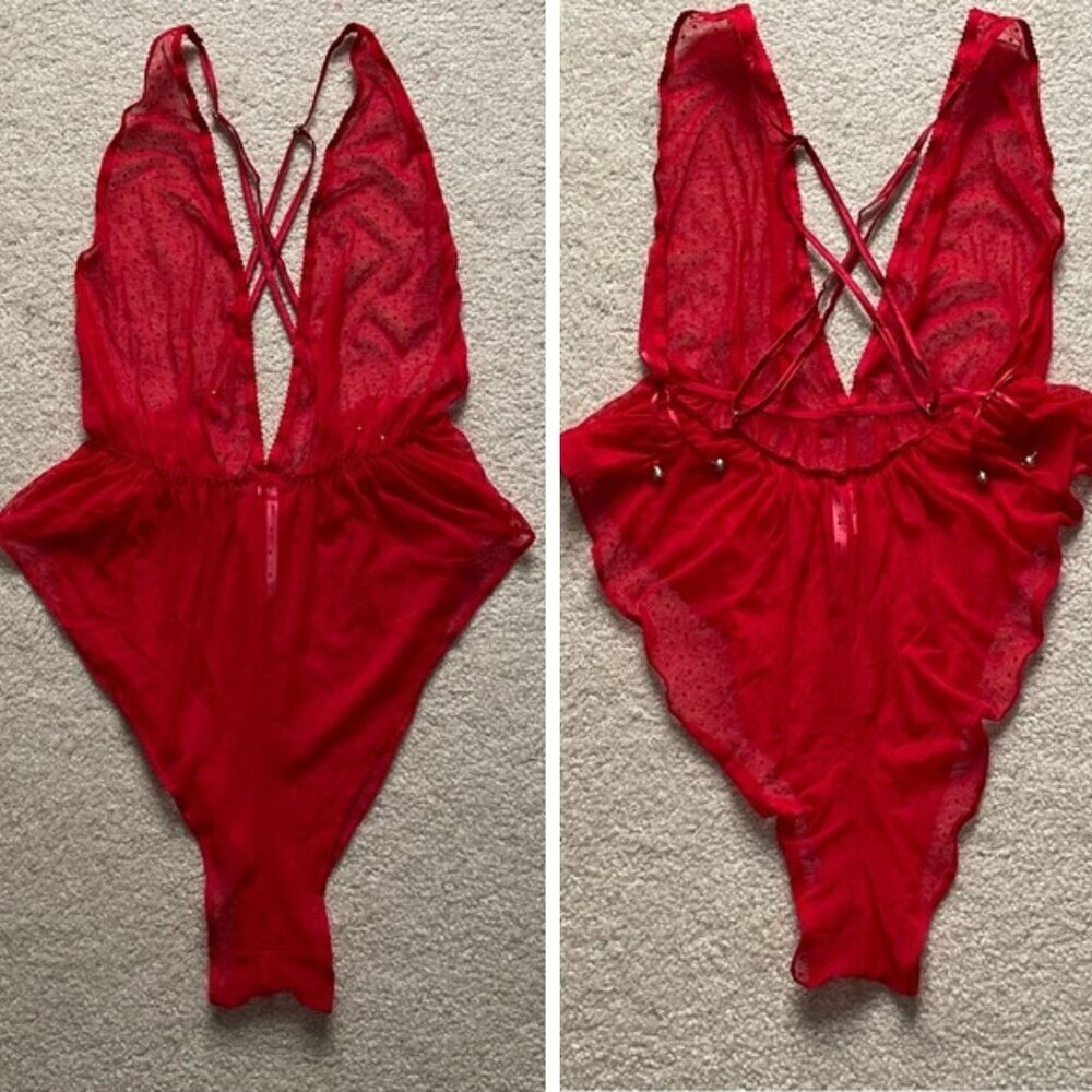 New! Victoria’s Secret Red Polka Dot One Piece Lingerie Size Large 47898
